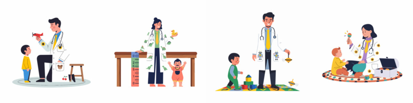 Flat vector illustrations of friendly pediatricians conducting medical checkups and playing with babies and children using various toys in a clinic setting.