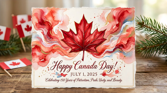 Happy canada day card with red maple leaf and festive decor