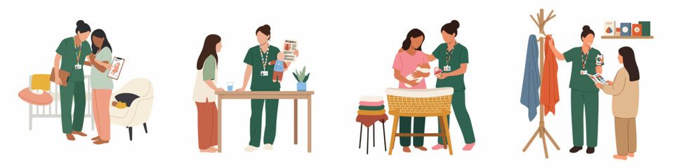 Fototapeta premium Vector illustration set showing a midwife or nurse providing postnatal care, support, and education to new mothers in various home or clinic settings.