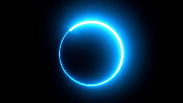 Abstract bright neon blue glowing light circle line moving smoothly along circular track against black background, minimal cyberpunk loading indicator concept