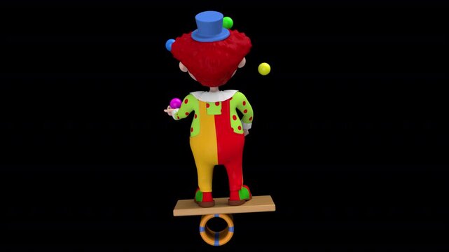 Clown juggles with balls staying on balancing board - 3d render looped with alpha channel.