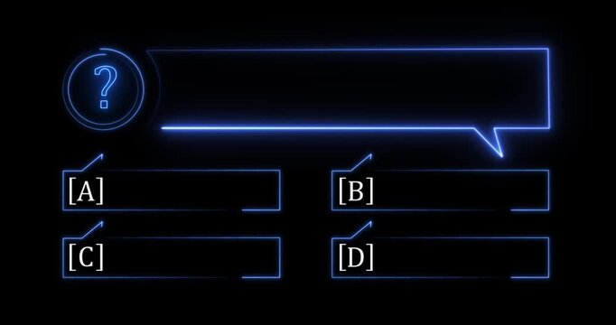 Interactive of a neon quiz line with a choice of answer options on a black background animation. Quiz template challenge with option selection A,B,C and D