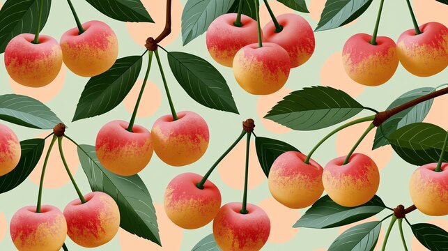 National Rainier Cherry Day: illustration of Rainier cherries composition, pairs of cherries with stems and leaves arranged in decorative pattern