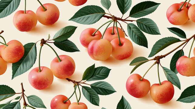National Rainier Cherry Day: illustration of Rainier cherries composition, pairs of cherries with stems and leaves arranged in decorative pattern
