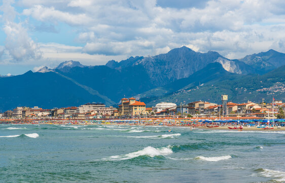 Viareggio panorama of long sand beaches and hotels coastline famous italian destination for summer holidays, Lucca, Tuscany, Italy