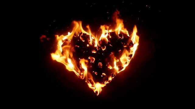 Bright realistic orange burning fire flames forming heart shape blasting and flickering against isolated black backdrop, passionate love and true romance concept