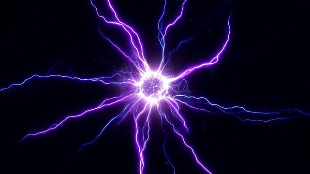 Powerful purple electric plasma discharge ball shooting energy lightning beams into dark empty space, abstract physics science and dangerous power concept