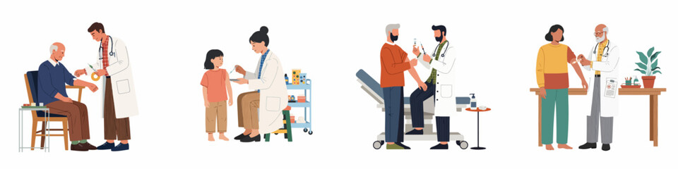 Fototapeta premium Medical illustration set of doctors providing vaccinations and healthcare to diverse patients of all ages including children, seniors, and adults in a clinic.