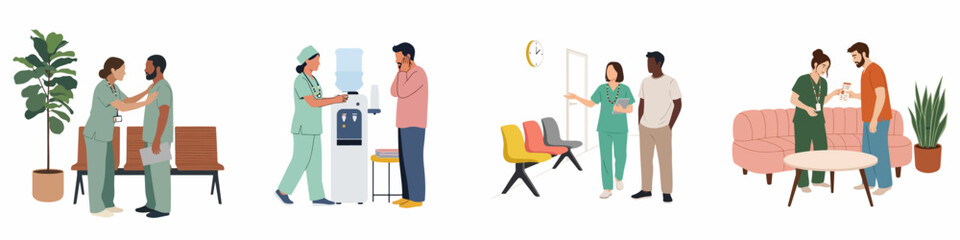 Obraz premium Flat illustration of healthcare professionals interacting with patients and colleagues in various clinic waiting room scenarios, offering support, guidance, and medical care.