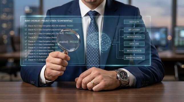 Cyber security audit with digital brain and checklist