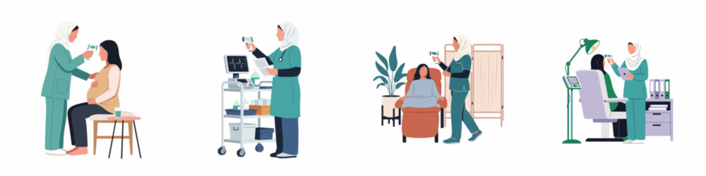 Muslim female nurse in hijab performing medical screenings and taking temperatures of patients in various clinical healthcare settings.