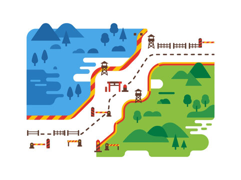 Vector illustration of a divided border zone with watchtowers