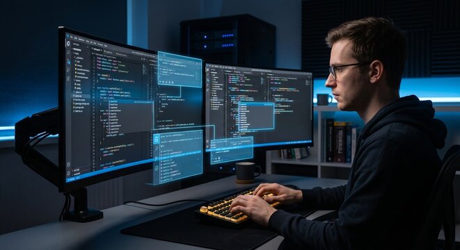 Software Developer Coding with AI Suggestion Overlay on Dual Monitors