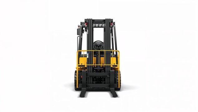 Modern yellow and black forklift truck viewed from front, industrial vehicle