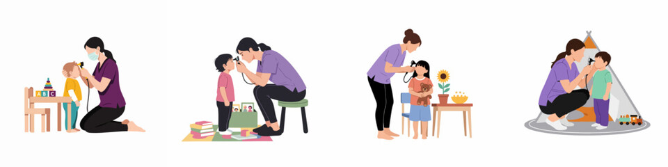 Obraz premium Illustrations of a pediatric nurse using an otoscope to examine children's ears in various play-themed settings, emphasizing medical care for kids.