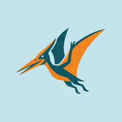 A stylized pterodactyl flying across a light blue background © lala