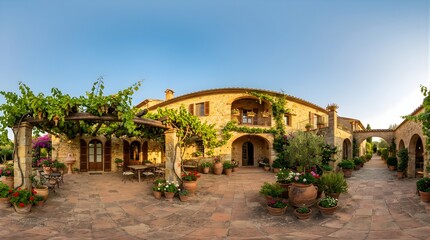 Naklejka premium Panoramic view of a rustic Italian stone villa with flowering courtyard