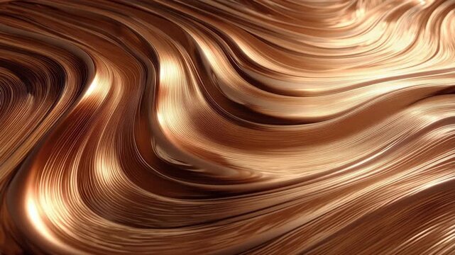 Abstract flowing bronze metal waves with smooth curves and shiny light reflections video.