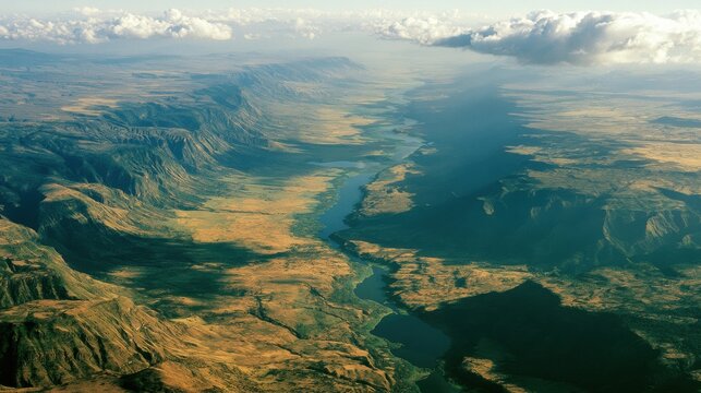 Dramatic Aerial View of African Rift Valley with River Lake and Escarpment Cliffs