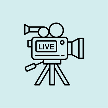 Minimal line icon of a live broadcasting video camera on a tripod.