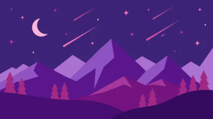 Fototapeten Violett Nighttime mountain landscape with stars and moon.  © Abhinaya Project