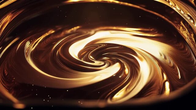 Close up of smooth gold liquid swirling in a dark container video.