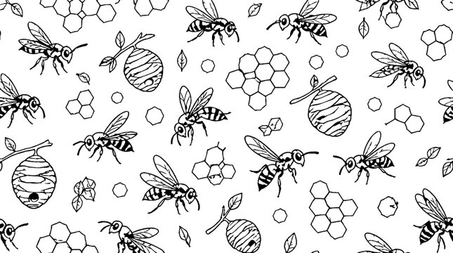 Detailed black and white bee and honeycomb pattern design.