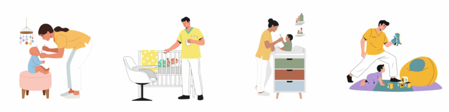 Professional Caregivers and Nursery Staff Caring for Babies: Feeding, Sleeping, Changing, and Playing in a Daycare Environment