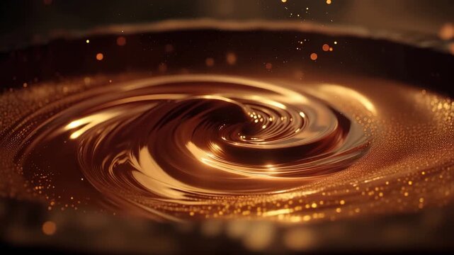 Swirling liquid gold texture with glowing particles and shiny metallic waves in a dark space video.