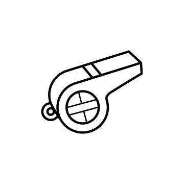 Minimal line icon of a referee whistle for football match control.