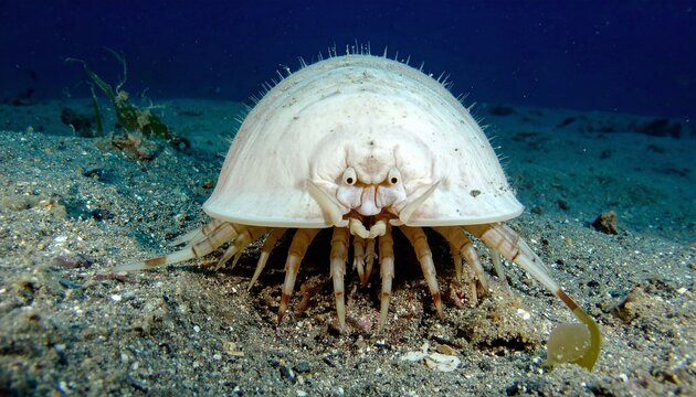Pale giant isopod crawls across the sandy ocean floor in deep, dark blue waters