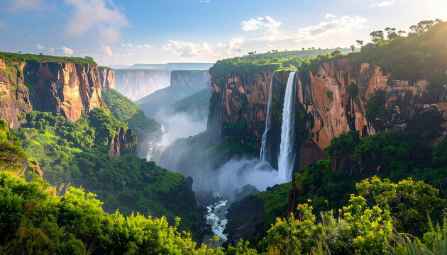 Epic cinematic view of a majestic waterfall cascading down canyon walls surrounded by lush greenery and soft haze.