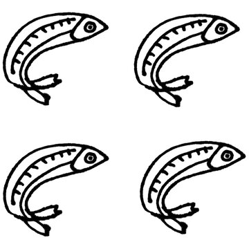 Set of Four Hand-Drawn Fish Doodle Icons on White Background