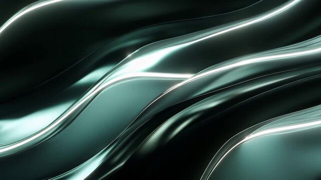 Abstract dark green smooth liquid wave background with shiny metallic reflections video.