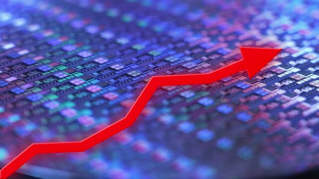 Red upward arrow over a rotating colorful silicon wafer background illustrating rising semiconductor, chip, and memory prices driven by demand, inflation, and supply constraints. 15218