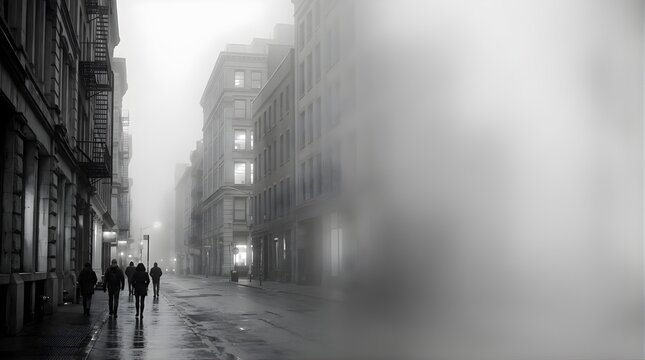 People walking on a rainy city street in thick fog with copy space area
