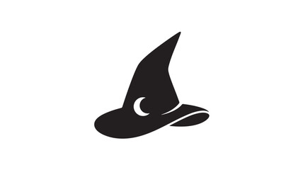 Fototapeta premium Witch Hat Icon with Crescent Moon Symbol, Minimal Black Silhouette Style on White Background Featuring Wizardry, Magic, Sorcery