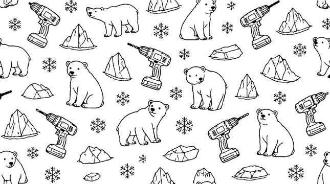 Polar bears and industrial tools pattern design.