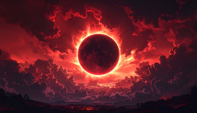 Eclipse occurs with glowing red tones in stormy sky