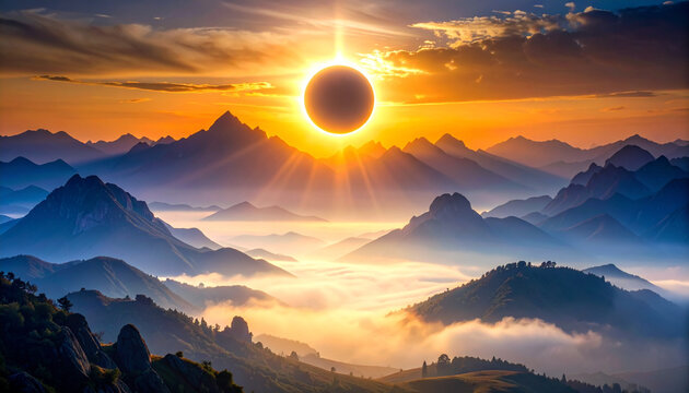 Epic mountain formation under radiant eclipse glow with atmospheric mist