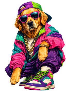 A Golden Retriever in a vibrant rapper outfit, looking funny and cute.