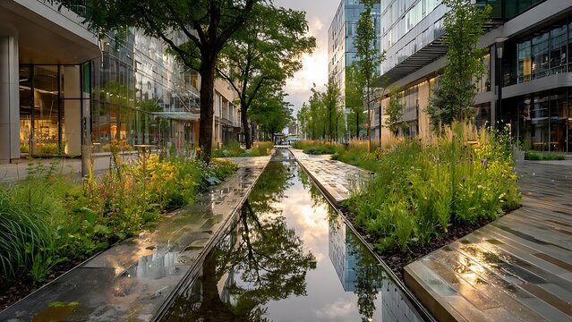 Modern Rain Garden Integrated into Sustainable Urban Landscape Design
