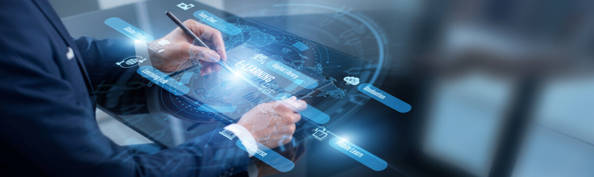 Course developer point of e-learning systems. Developer using tablet updating training modules across the vast academic network. Enhancing virtual education and interactive learning.