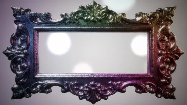 Ornate, iridescent picture frame on a blurred background