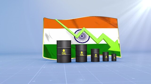 India Oil Price Falling with Oil Barrels Downward Green Arrow and 3D Financial Data Visualization Graphs for Economy and Business Concept