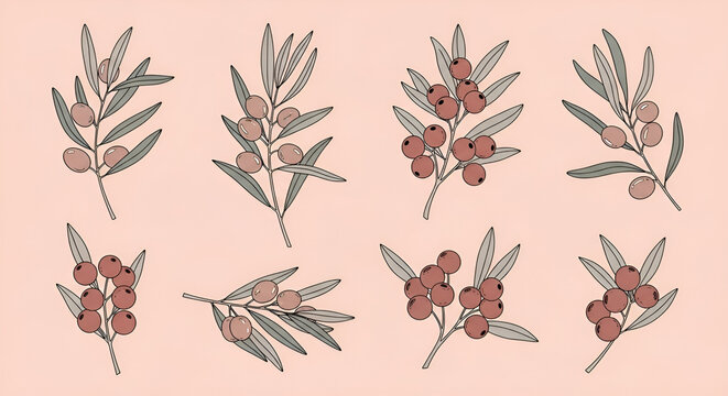 Hand Drawn Olive Branch Illustration Set with Muted Tones and Berries on a Pastel Background for Botanical Design