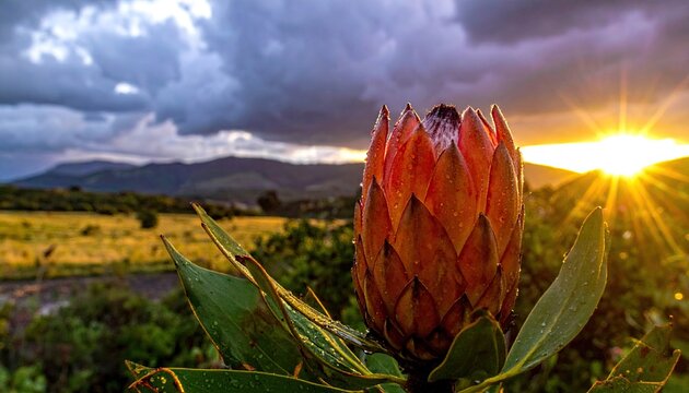 King Protea flower with sun rays at golden hour.