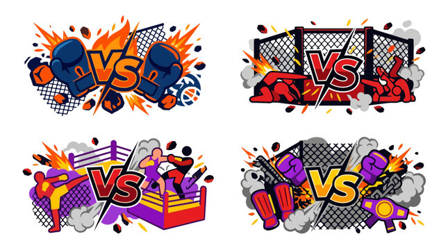 Set of versus battle icons for combat sports and fighting games