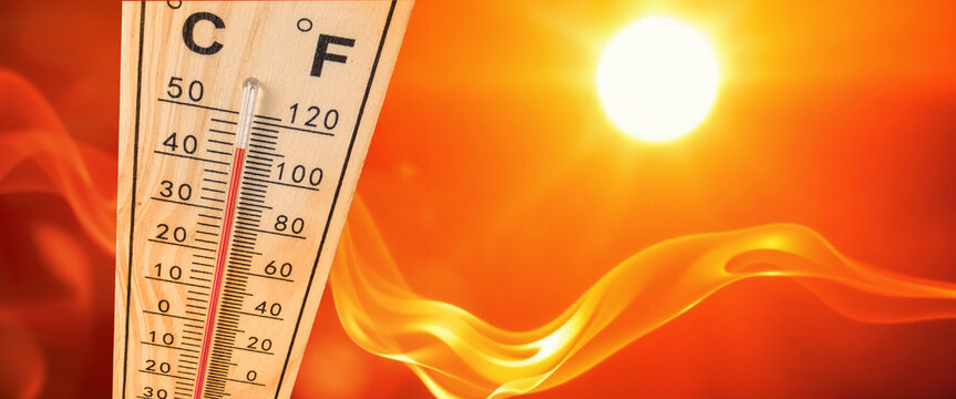 Thermometer showing high temperature during hot summer day