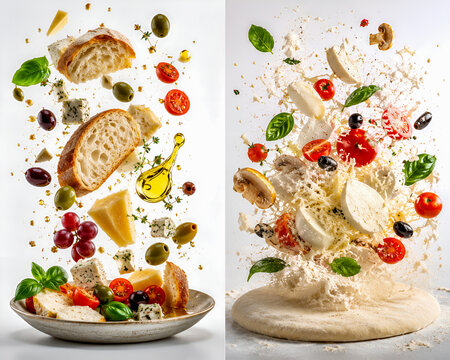 Premium Mediterranean Food Ingredients Collection Featuring Floating Artisan Bread, Gourmet Pizza Toppings and Fresh Italian Cuisine